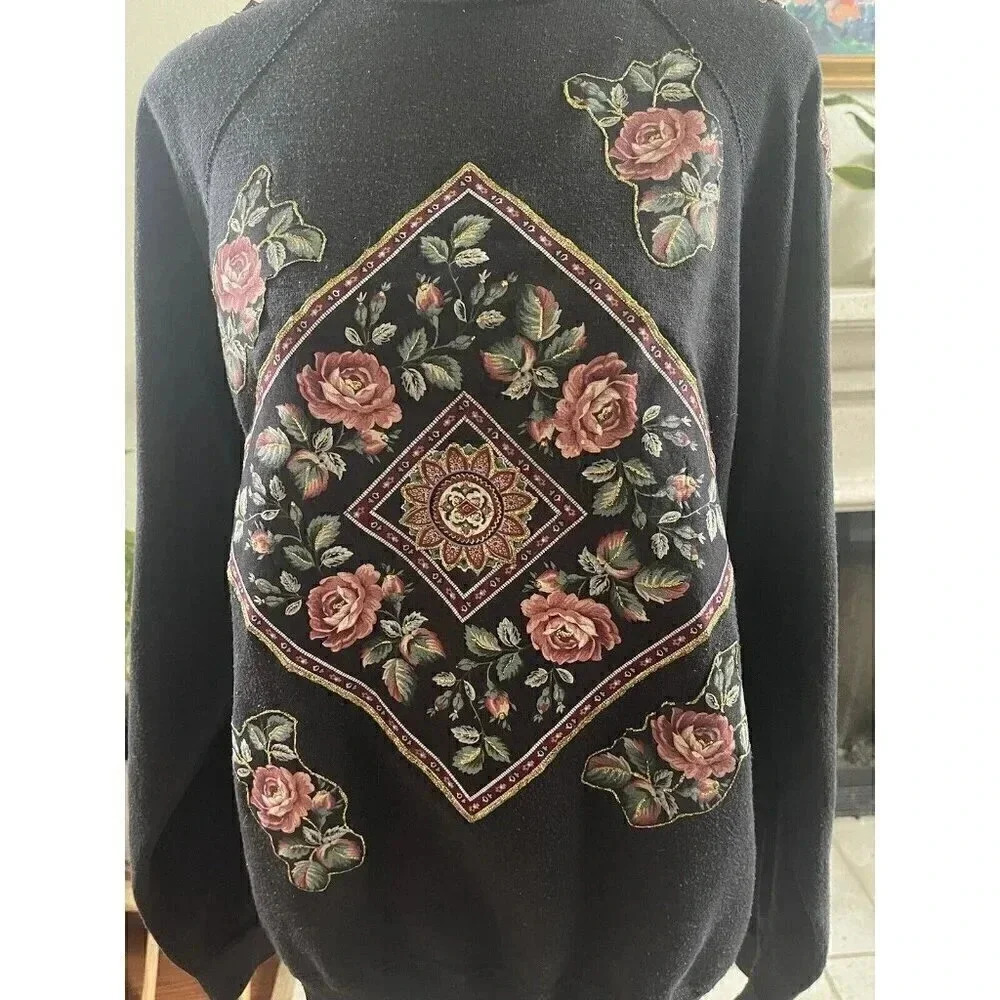 Tultex Sweats Appeals Vtg Black Pullover Rose Floral Size Large Made In USA - Picture 2 of 10